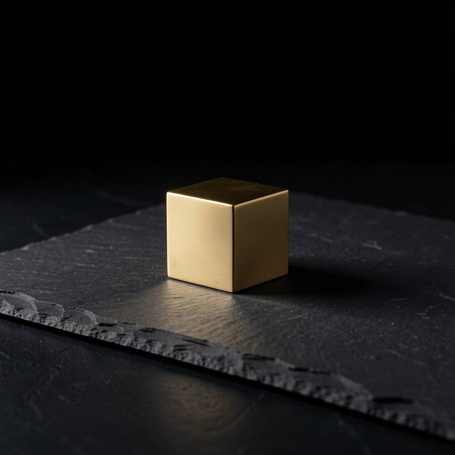 Cube de laiton posé sur une ardoise sombre