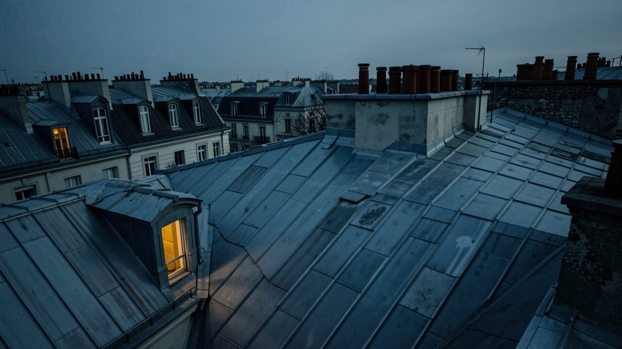 Toits de zinc parisiens au crépuscule, une fenêtre éclairée